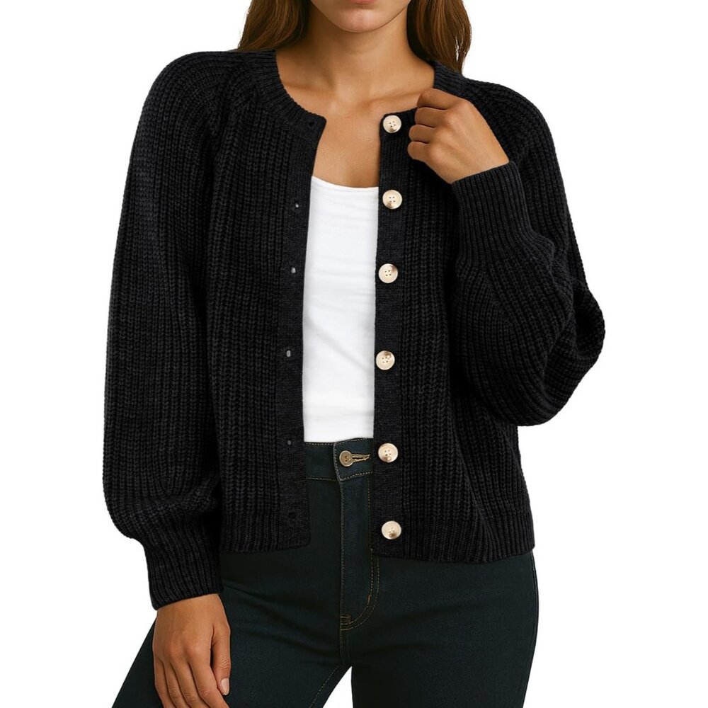 Casual Women's Chunky Cardigan - Long Sleeve Open Front Knitted Sweater, A-Black